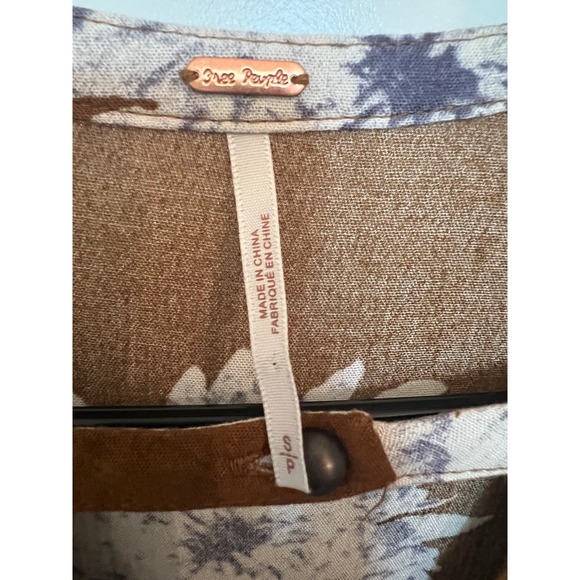 Free People Brown Floral Ballon Sleeve S Blouse Boho Oversized Top office siren - Picture 3 of 8